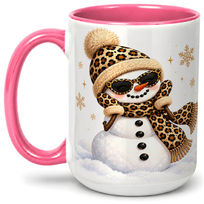 #pl[15oz|Pink] Leopard Snowman Winter Ceramic Mug with Animal Print Artwork