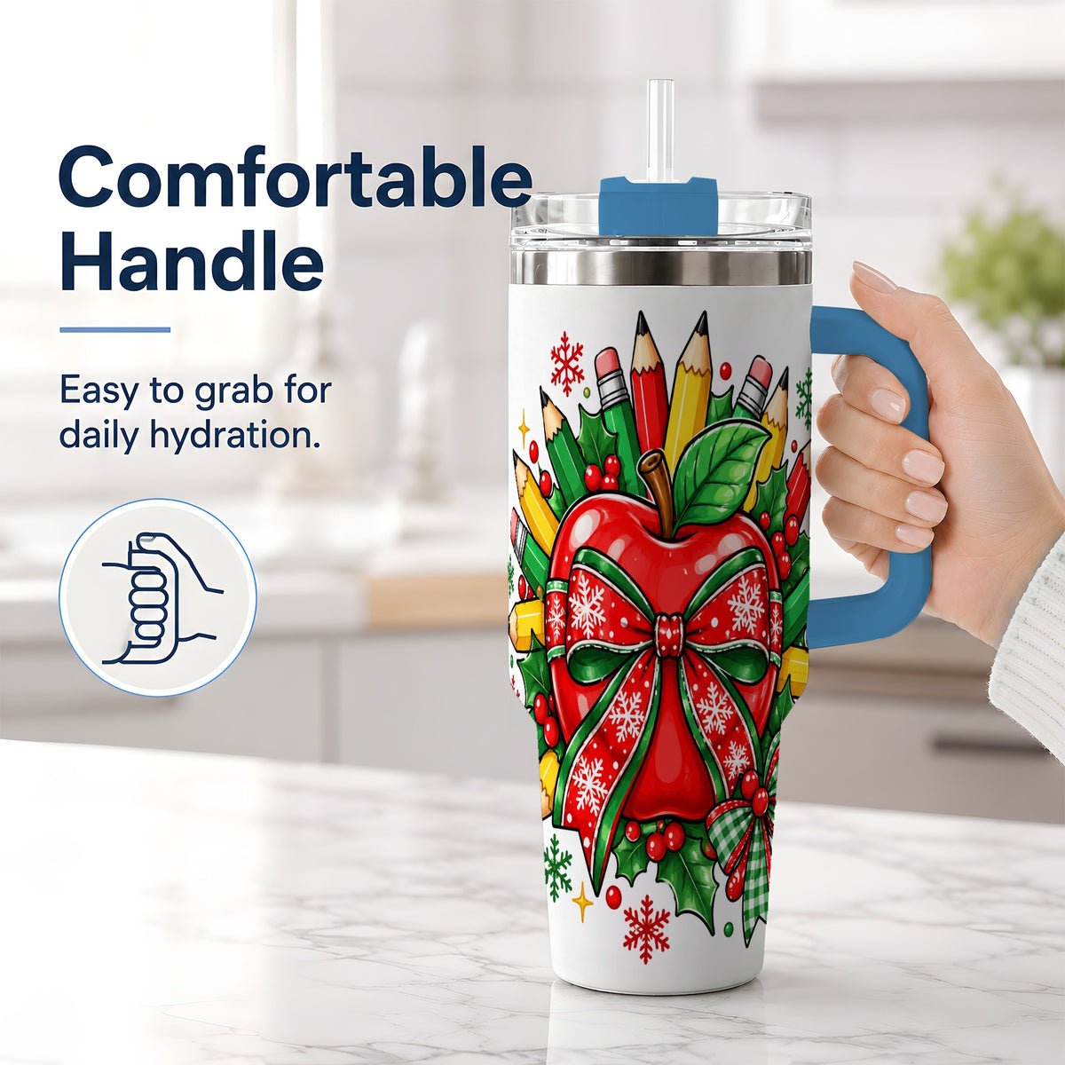 #pl[40oz|Blue] Christmas School Apple 40oz Tumbler, Festive Bow Classroom Artwork