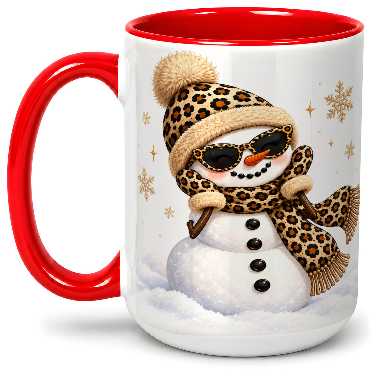 #pl[15oz|Red] Leopard Snowman Winter Ceramic Mug with Animal Print Artwork