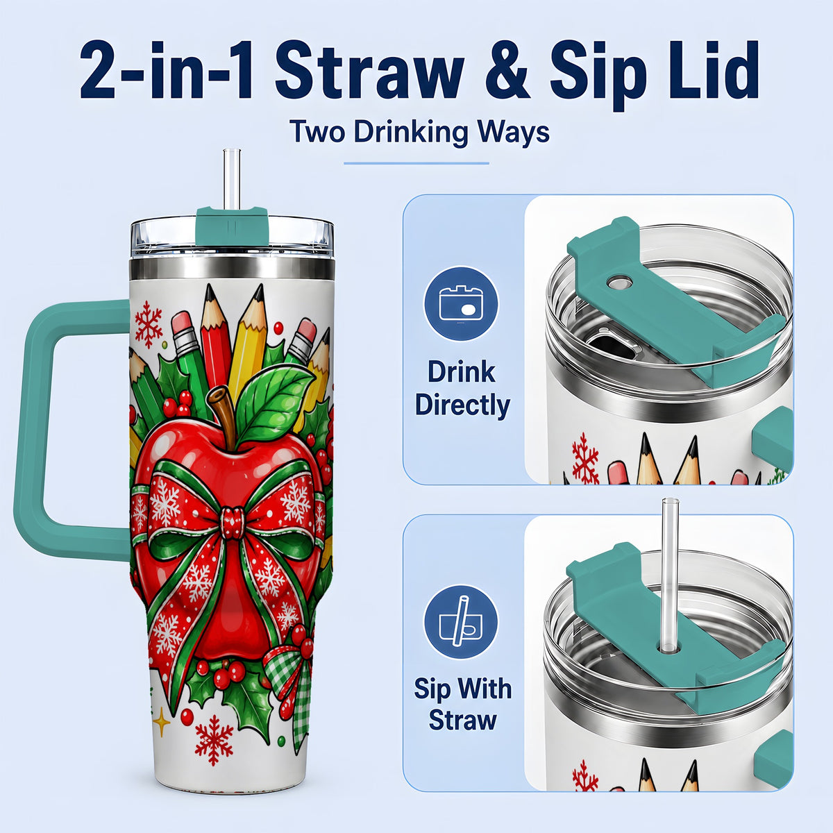 #pl[40oz|Green] Christmas School Apple 40oz Tumbler, Festive Bow Classroom Artwork