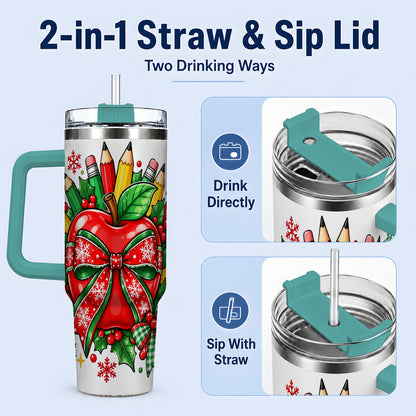 #pl[40oz|Green] Christmas School Apple 40oz Tumbler, Festive Bow Classroom Artwork