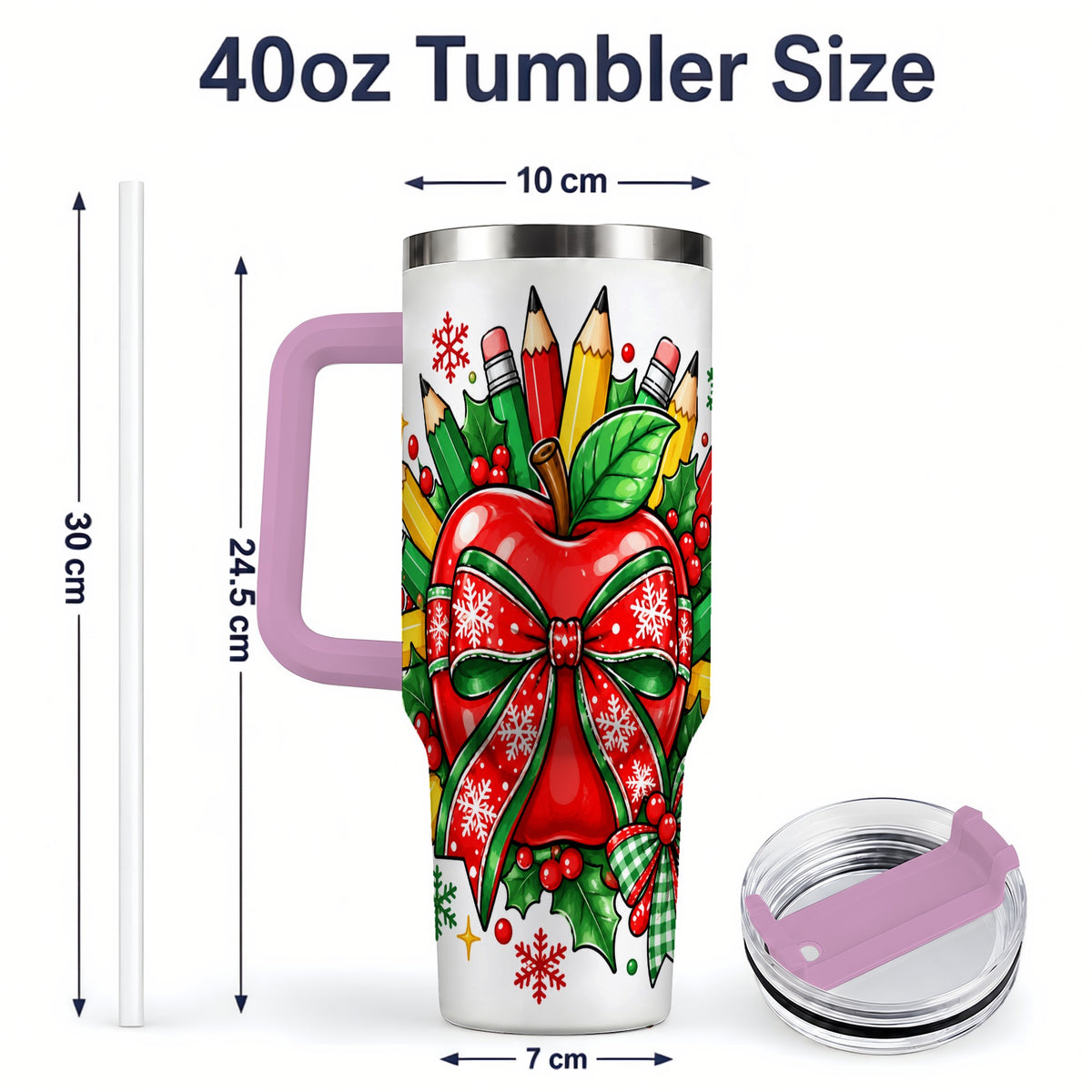 #pl[40oz|Pink] Christmas School Apple 40oz Tumbler, Festive Bow Classroom Artwork