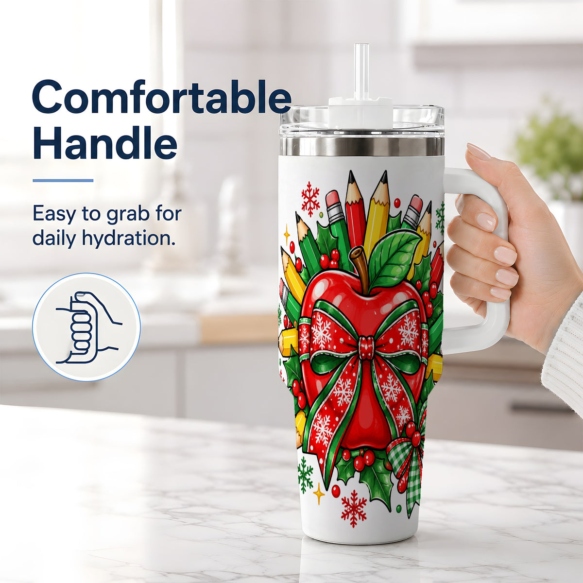 #pl[40oz|White] Christmas School Apple 40oz Tumbler, Festive Bow Classroom Artwork