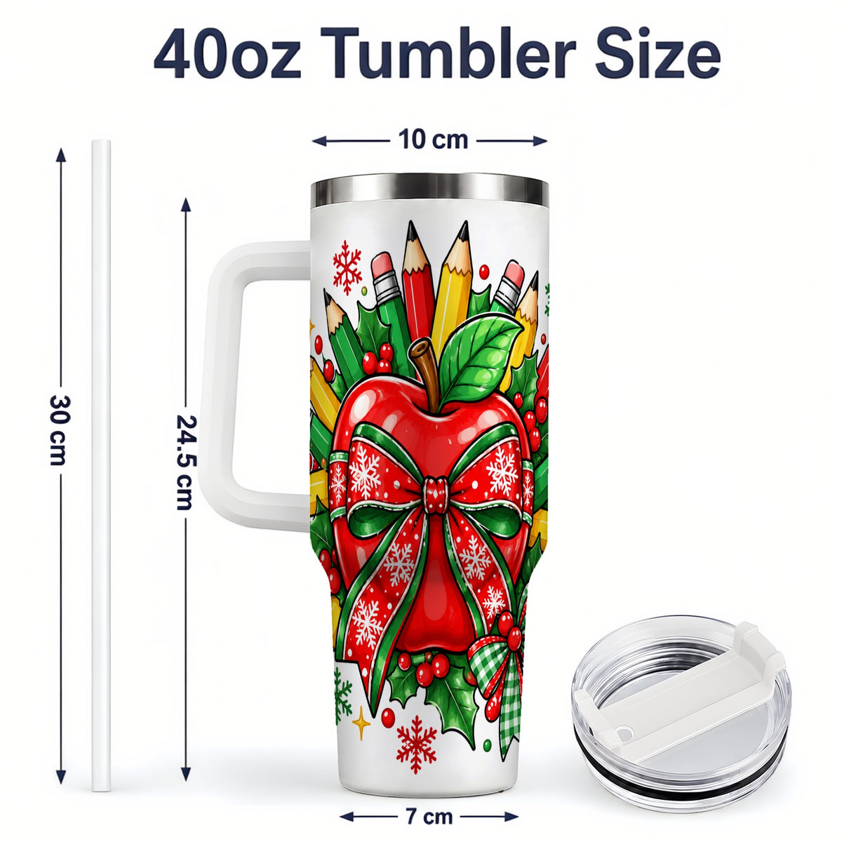 #pl[40oz|White] Christmas School Apple 40oz Tumbler, Festive Bow Classroom Artwork
