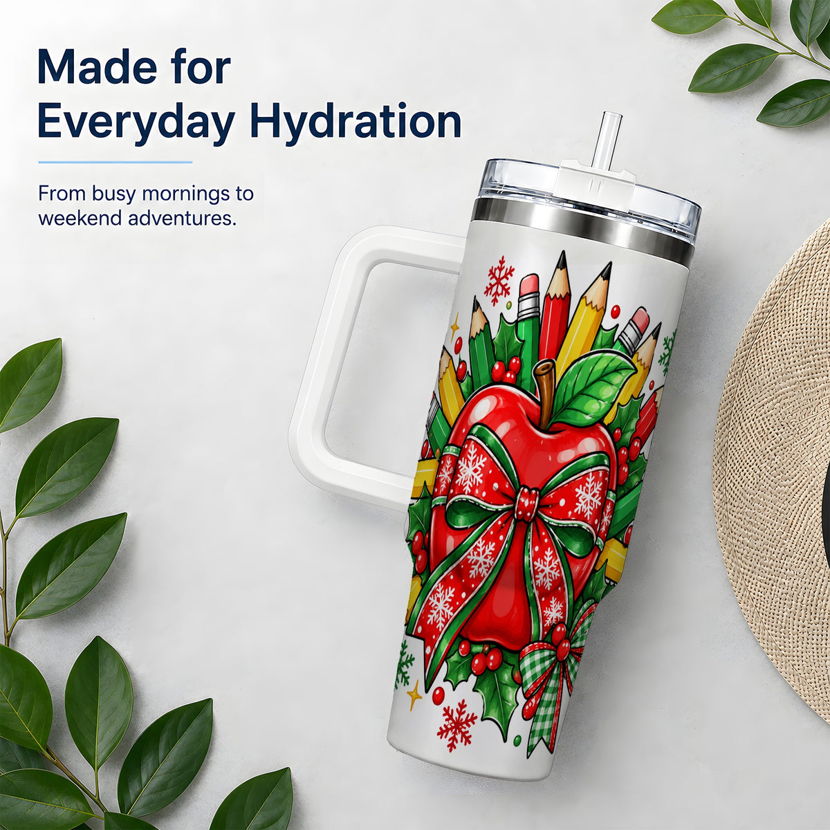 Christmas School Apple 40oz Tumbler, Festive Bow Classroom Artwork