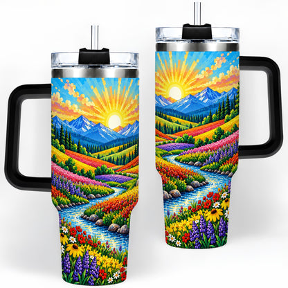 #pl[40oz|Black] Mountain Wildflower 40oz Tumbler, Colorful Alpine Meadow Landscape