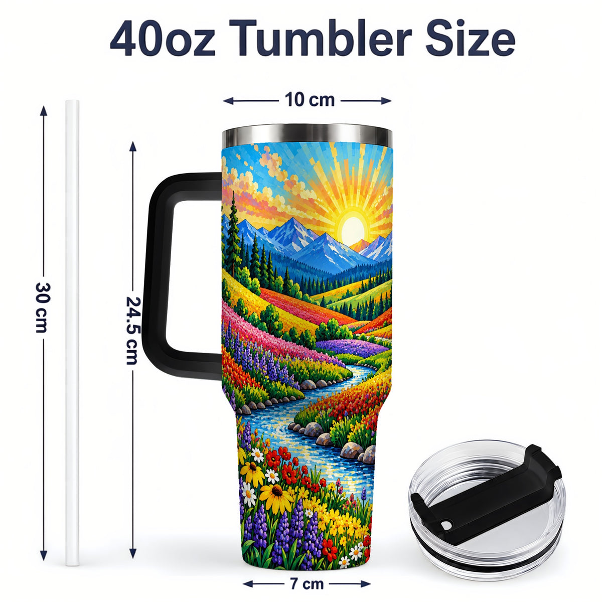 #pl[40oz|Black] Mountain Wildflower 40oz Tumbler, Colorful Alpine Meadow Landscape