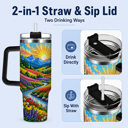#pl[40oz|Black] Mountain Wildflower 40oz Tumbler, Colorful Alpine Meadow Landscape