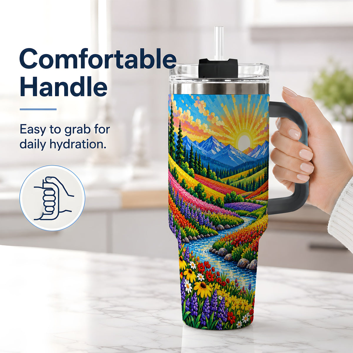 #pl[40oz|Black] Mountain Wildflower 40oz Tumbler, Colorful Alpine Meadow Landscape