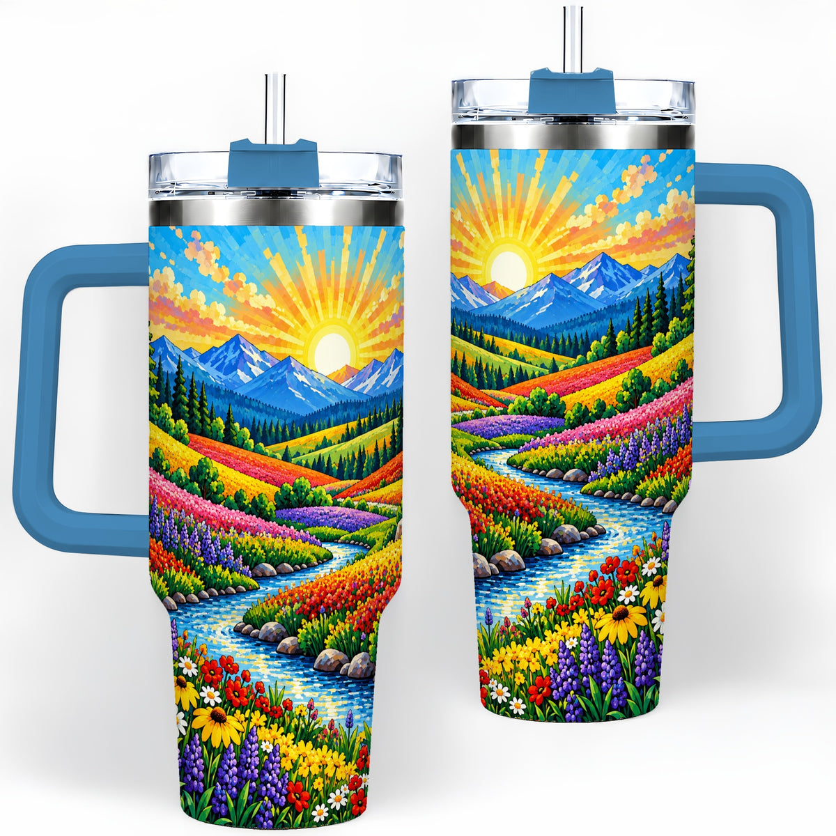 #pl[40oz|Blue] Mountain Wildflower 40oz Tumbler, Colorful Alpine Meadow Landscape