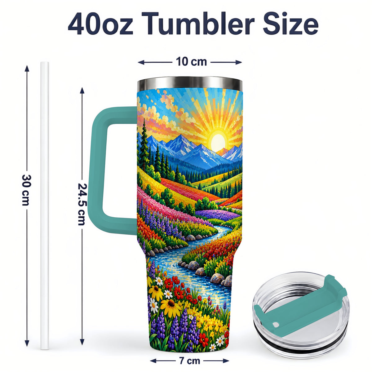 #pl[40oz|Green] Mountain Wildflower 40oz Tumbler, Colorful Alpine Meadow Landscape