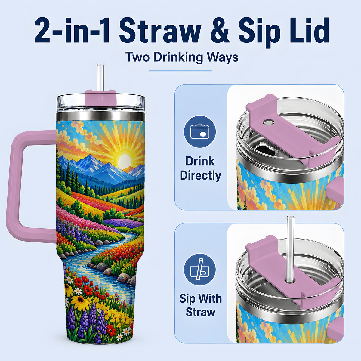 #pl[40oz|Pink] Mountain Wildflower 40oz Tumbler, Colorful Alpine Meadow Landscape