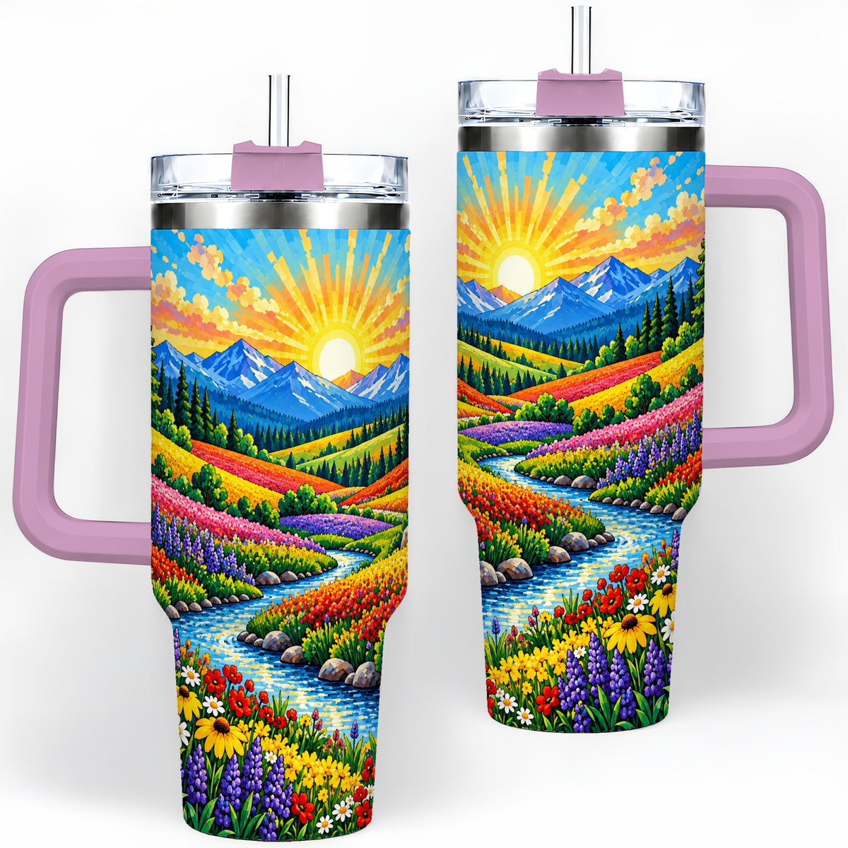 #pl[40oz|Pink] Mountain Wildflower 40oz Tumbler, Colorful Alpine Meadow Landscape