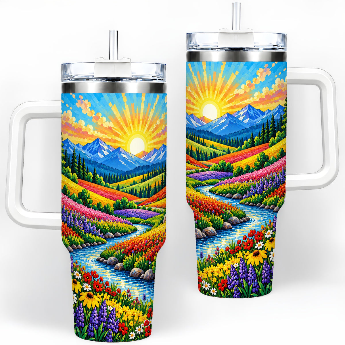 Mountain Wildflower 40oz Tumbler, Colorful Alpine Meadow Landscape
