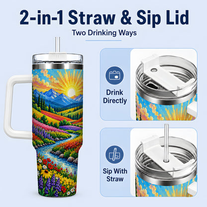 #pl[40oz|White] Mountain Wildflower 40oz Tumbler, Colorful Alpine Meadow Landscape