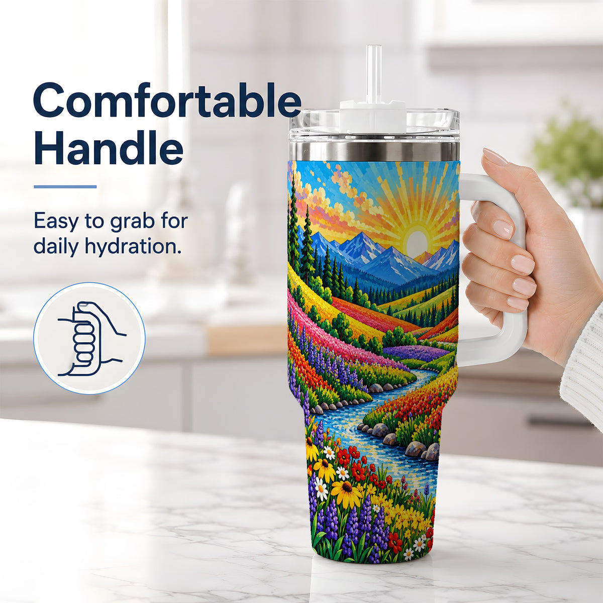 #pl[40oz|White] Mountain Wildflower 40oz Tumbler, Colorful Alpine Meadow Landscape