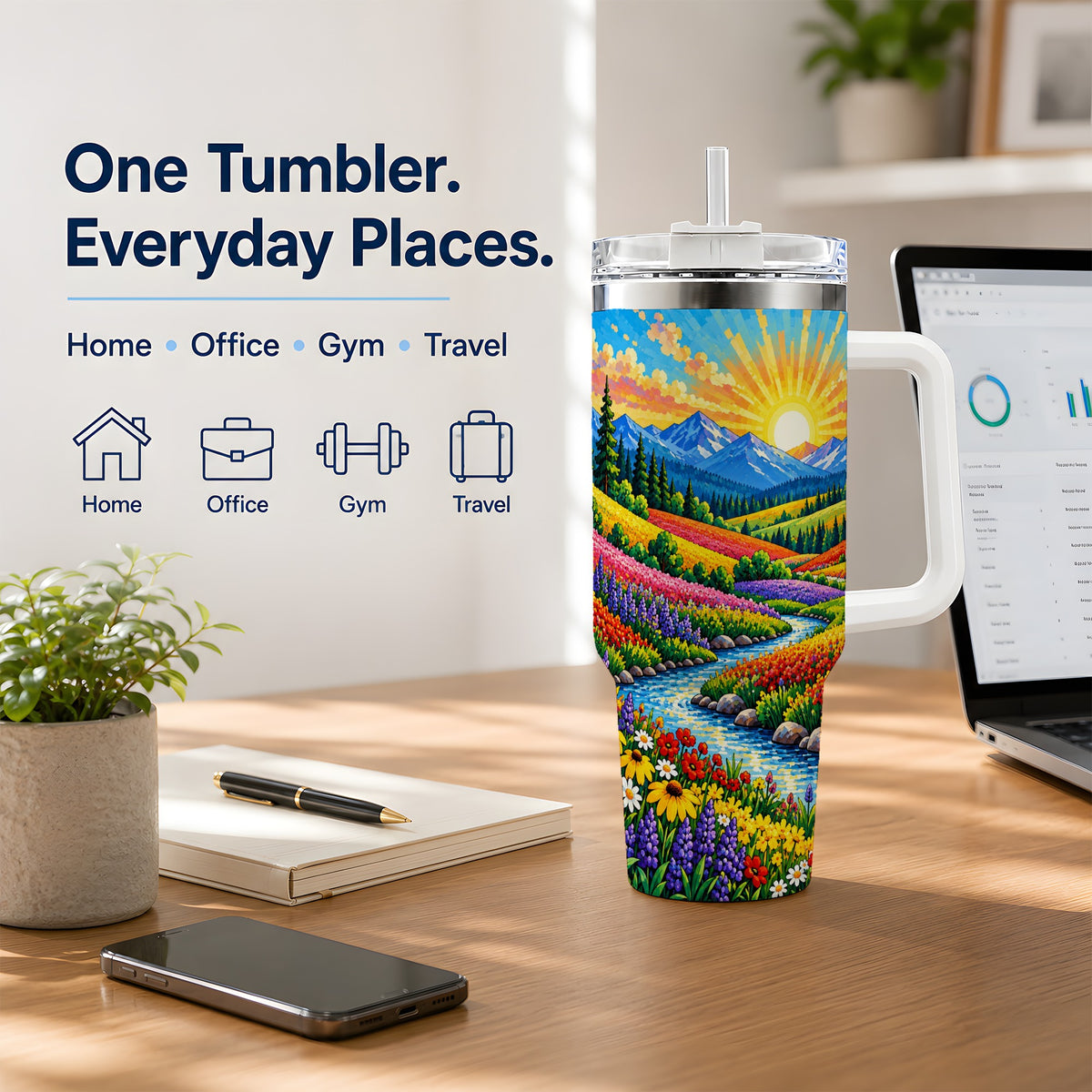 Mountain Wildflower 40oz Tumbler, Colorful Alpine Meadow Landscape