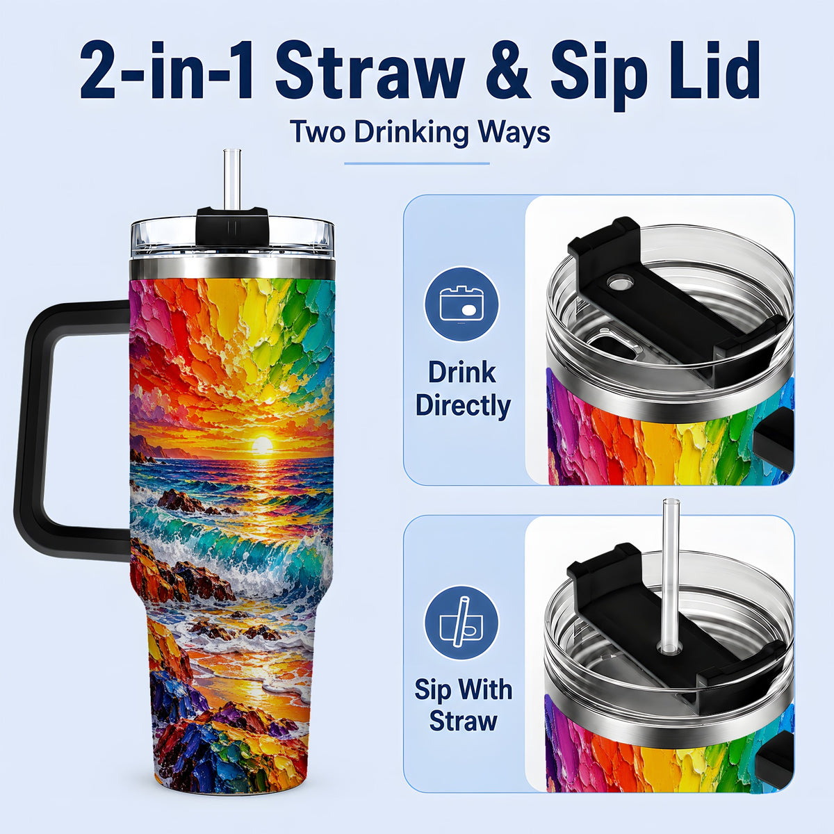 #pl[40oz|Black] Rainbow Ocean Sunset 40oz Tumbler, Vibrant Wave Horizon Coastal Art