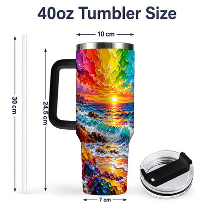 #pl[40oz|Black] Rainbow Ocean Sunset 40oz Tumbler, Vibrant Wave Horizon Coastal Art
