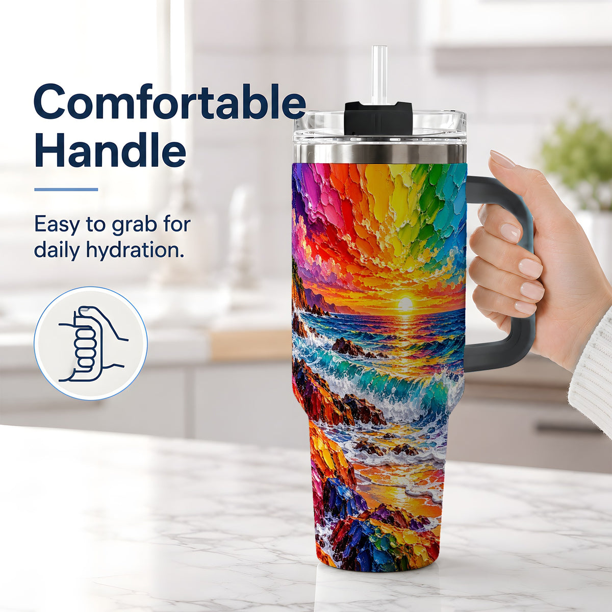 #pl[40oz|Black] Rainbow Ocean Sunset 40oz Tumbler, Vibrant Wave Horizon Coastal Art
