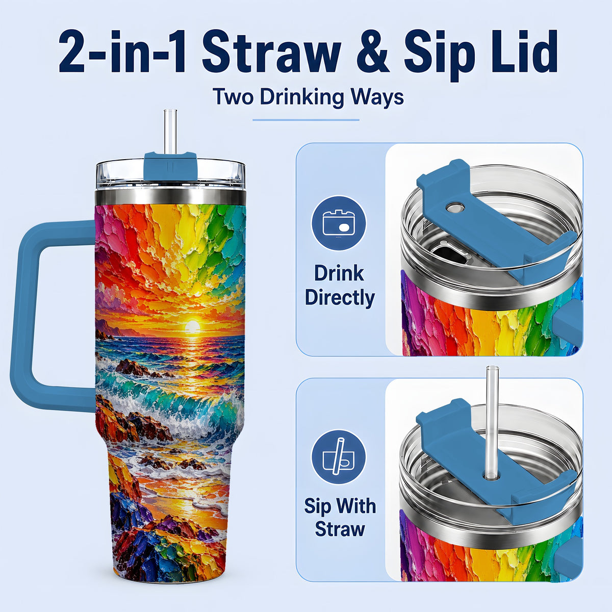 #pl[40oz|Blue] Rainbow Ocean Sunset 40oz Tumbler, Vibrant Wave Horizon Coastal Art