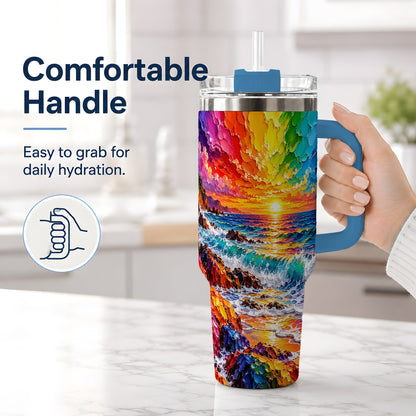 #pl[40oz|Blue] Rainbow Ocean Sunset 40oz Tumbler, Vibrant Wave Horizon Coastal Art