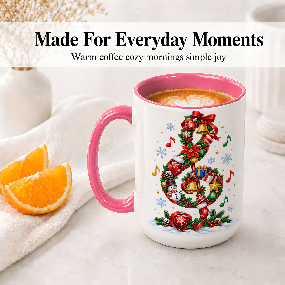 #pl[15oz|Pink] Christmas Music Treble Clef Ceramic Mug for Music Lovers
