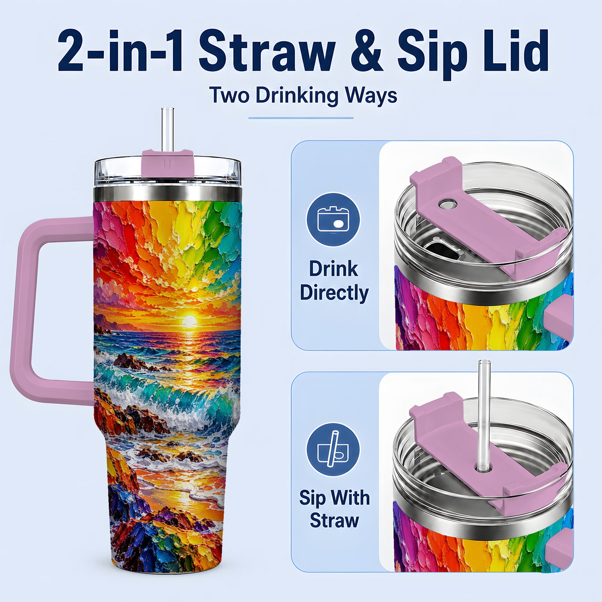 #pl[40oz|Pink] Rainbow Ocean Sunset 40oz Tumbler, Vibrant Wave Horizon Coastal Art