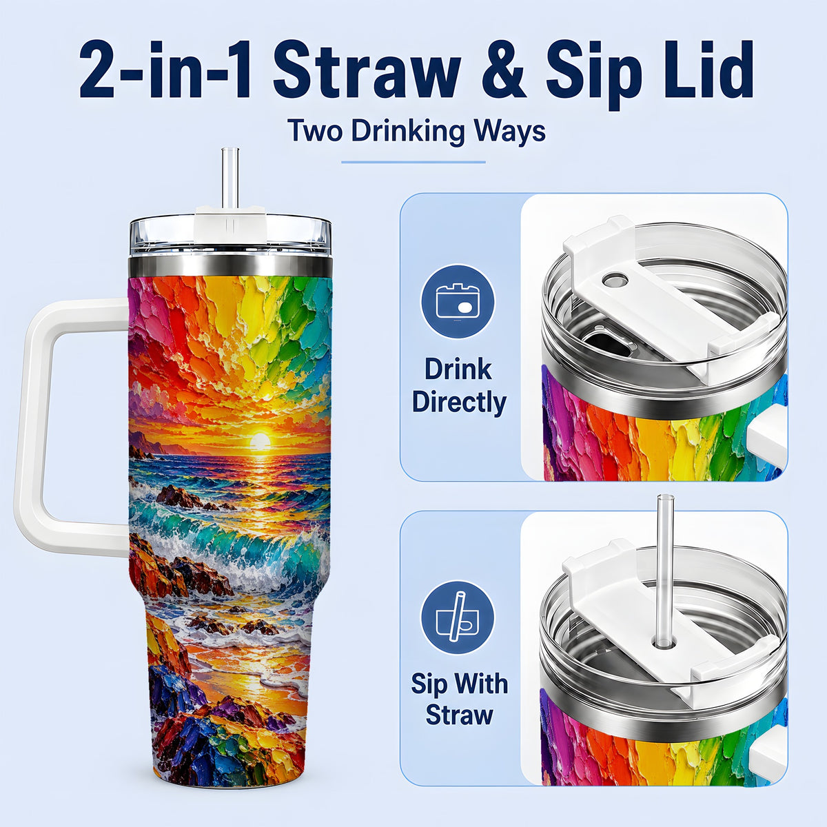 #pl[40oz|White] Rainbow Ocean Sunset 40oz Tumbler, Vibrant Wave Horizon Coastal Art