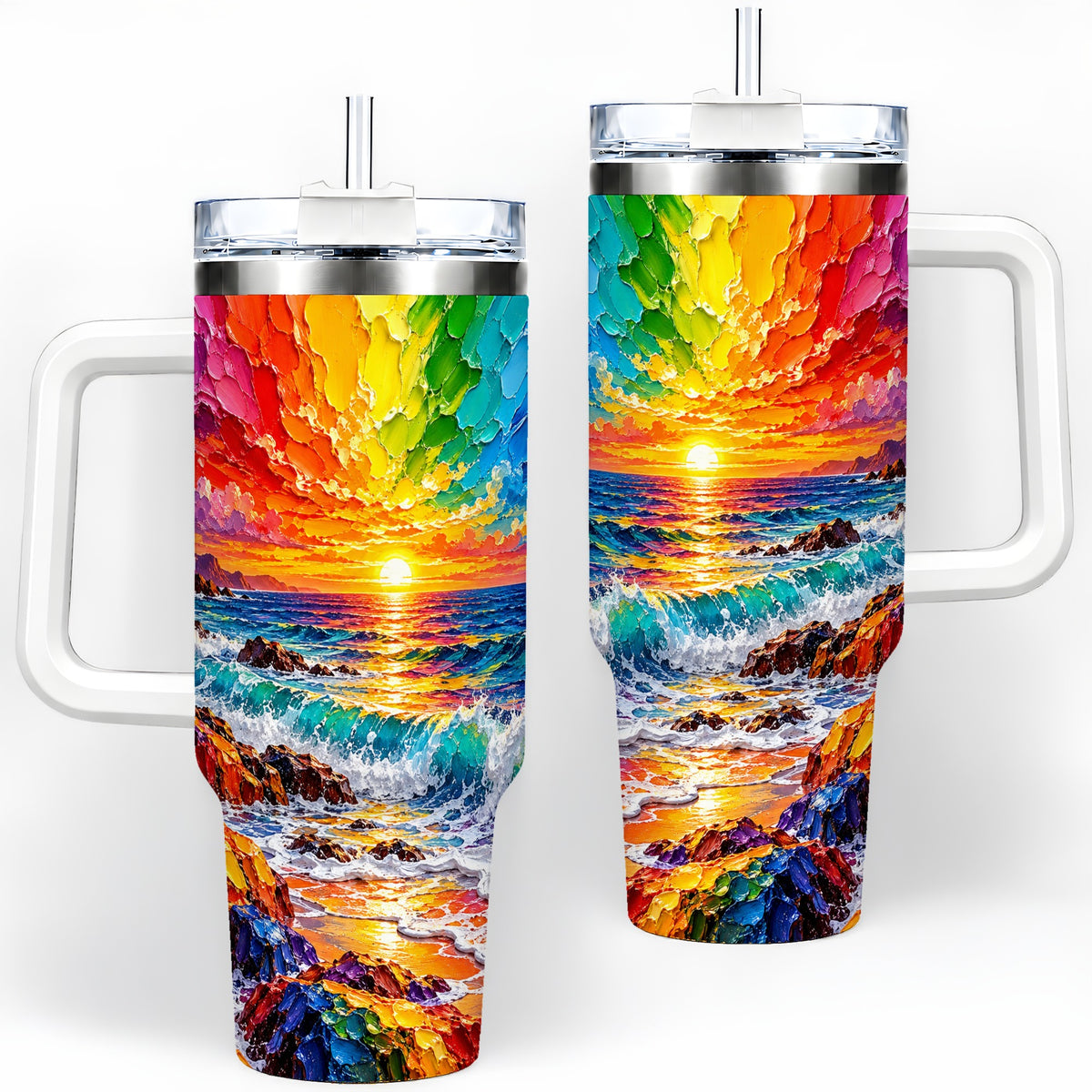 Rainbow Ocean Sunset 40oz Tumbler, Vibrant Wave Horizon Coastal Art