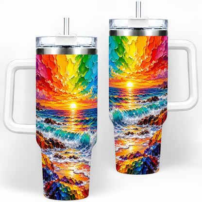 Rainbow Ocean Sunset 40oz Tumbler, Vibrant Wave Horizon Coastal Art