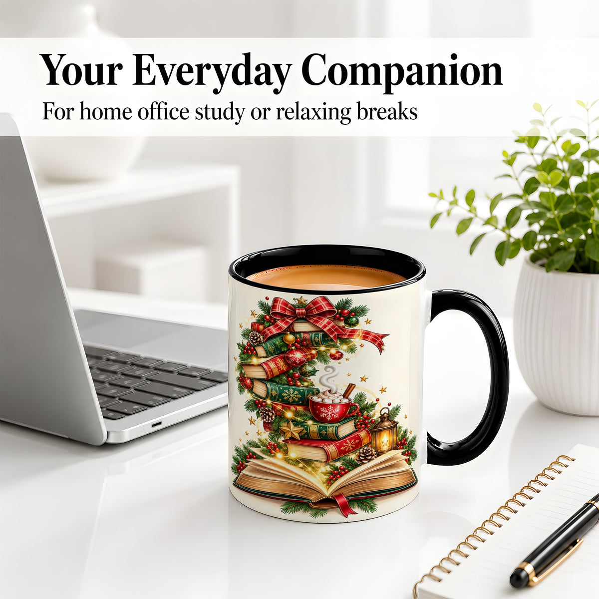 #pl[11oz|Black] Christmas Book Lover Ceramic Mug, Cozy Holiday Reading Artwork