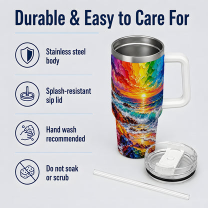 Rainbow Ocean Sunset 40oz Tumbler, Vibrant Wave Horizon Coastal Art