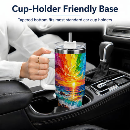 Rainbow Ocean Sunset 40oz Tumbler, Vibrant Wave Horizon Coastal Art