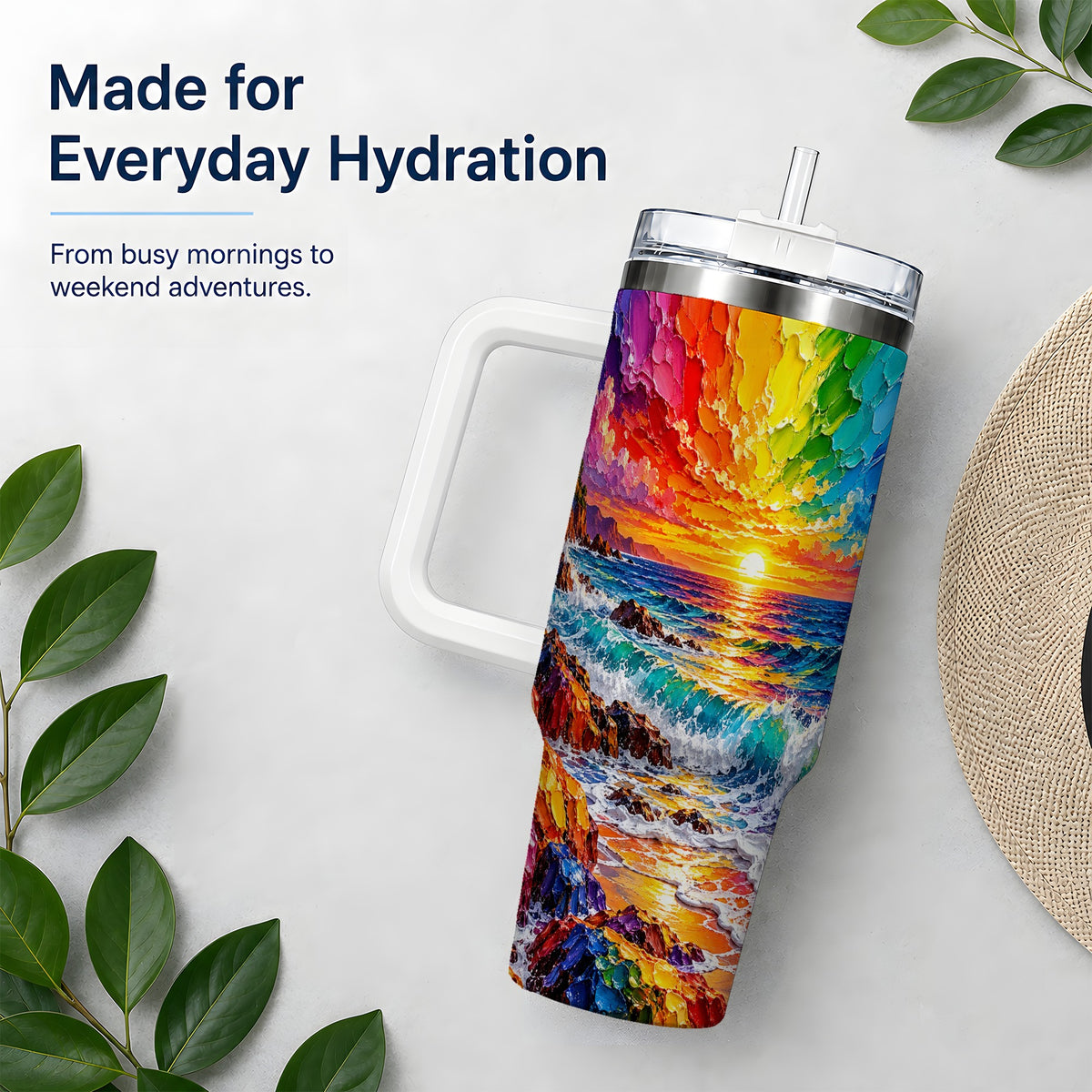 Rainbow Ocean Sunset 40oz Tumbler, Vibrant Wave Horizon Coastal Art