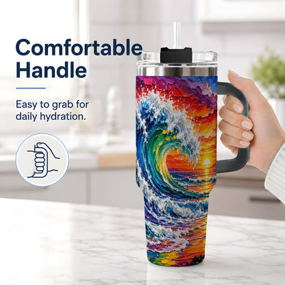 #pl[40oz|Black] Ocean Wave Sunset 40oz Tumbler, Colorful Surf Horizon Coastal Art
