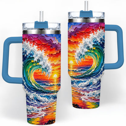 #pl[40oz|Blue] Ocean Wave Sunset 40oz Tumbler, Colorful Surf Horizon Coastal Art