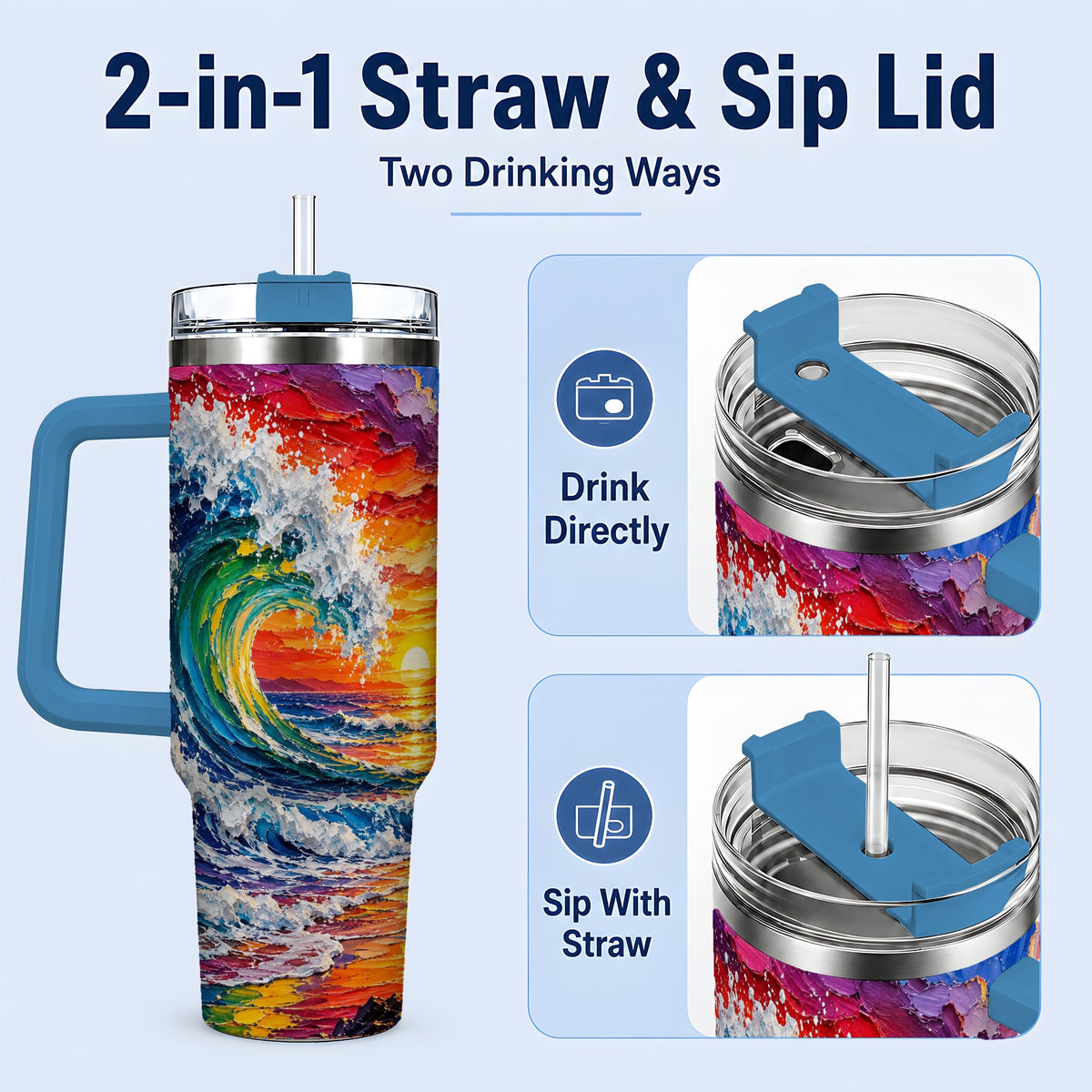#pl[40oz|Blue] Ocean Wave Sunset 40oz Tumbler, Colorful Surf Horizon Coastal Art
