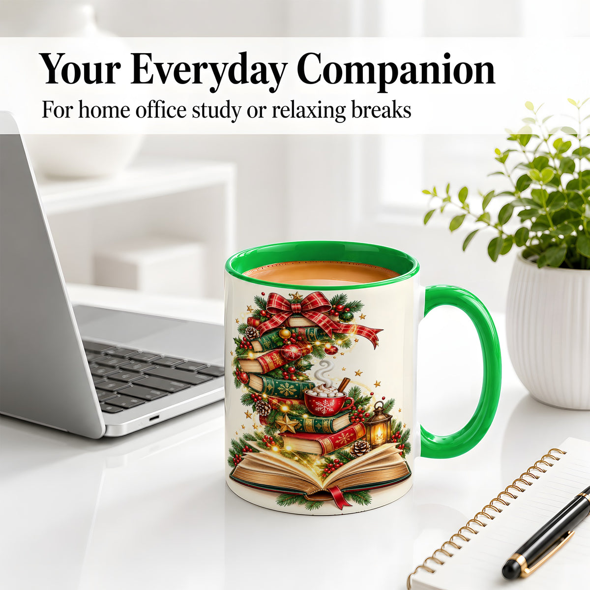 #pl[11oz|Green] Christmas Book Lover Ceramic Mug, Cozy Holiday Reading Artwork