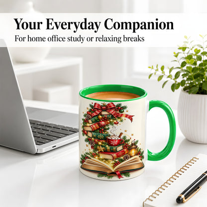 #pl[11oz|Green] Christmas Book Lover Ceramic Mug, Cozy Holiday Reading Artwork