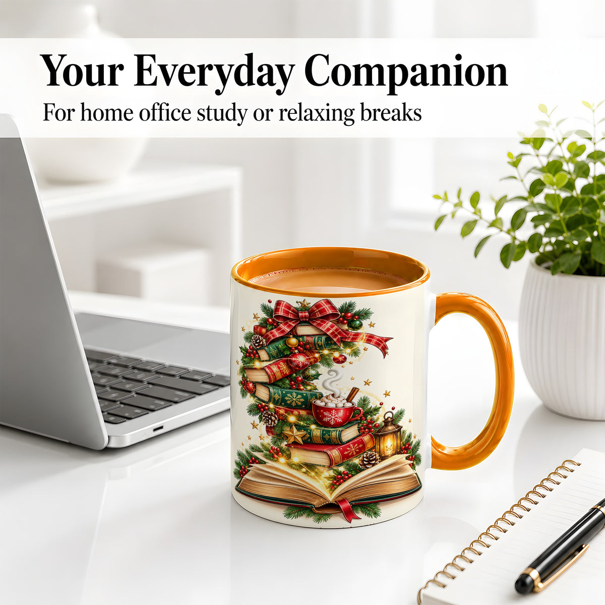 #pl[11oz|Orange] Christmas Book Lover Ceramic Mug, Cozy Holiday Reading Artwork