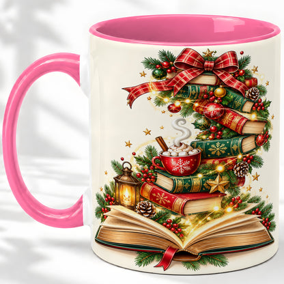 #pl[11oz|Pink] Christmas Book Lover Ceramic Mug, Cozy Holiday Reading Artwork