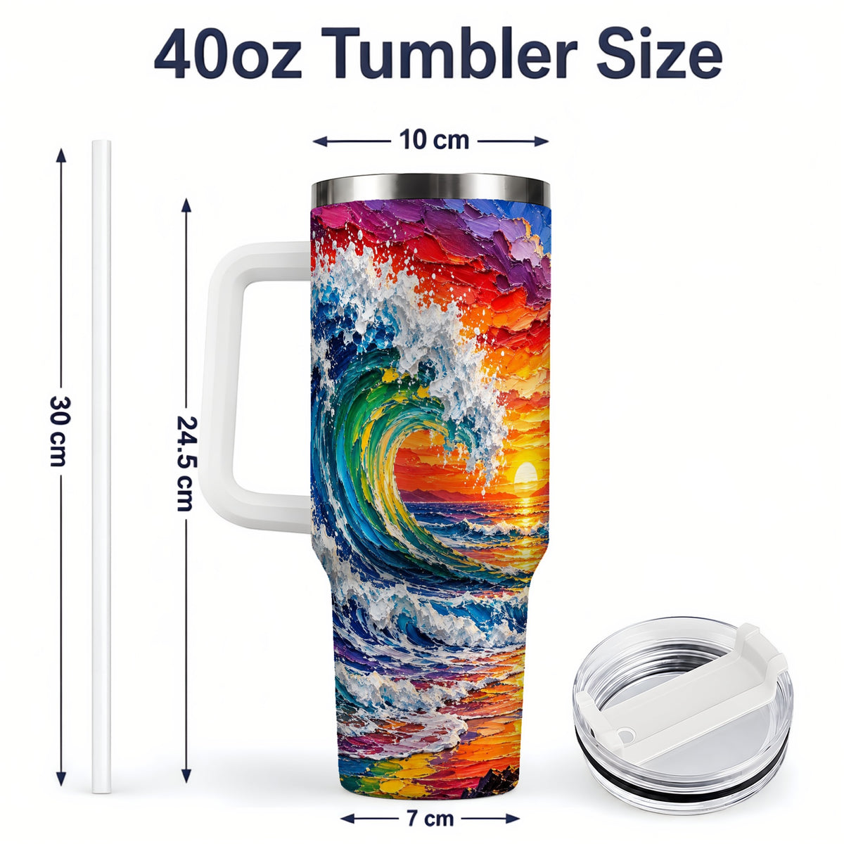 #pl[40oz|White] Ocean Wave Sunset 40oz Tumbler, Colorful Surf Horizon Coastal Art