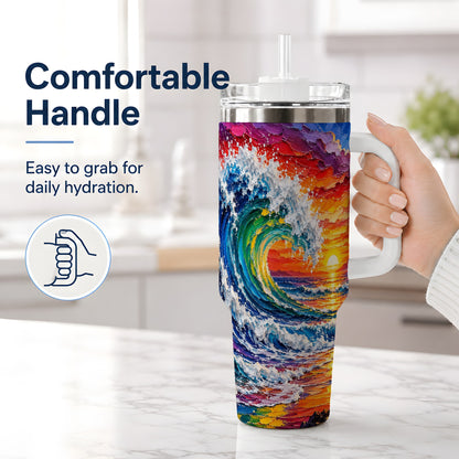 #pl[40oz|White] Ocean Wave Sunset 40oz Tumbler, Colorful Surf Horizon Coastal Art