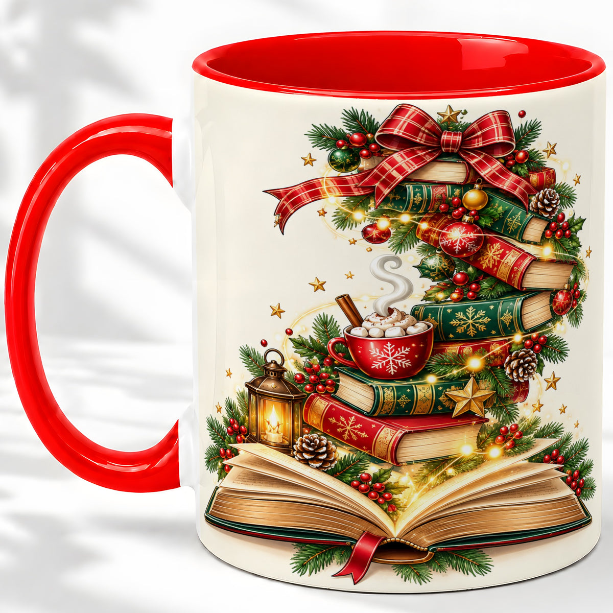 Christmas Book Lover Ceramic Mug, Cozy Holiday Reading Artwork