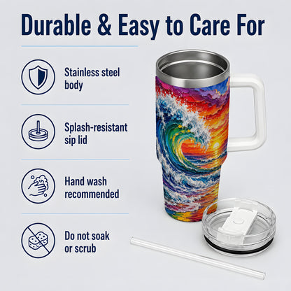 Ocean Wave Sunset 40oz Tumbler, Colorful Surf Horizon Coastal Art