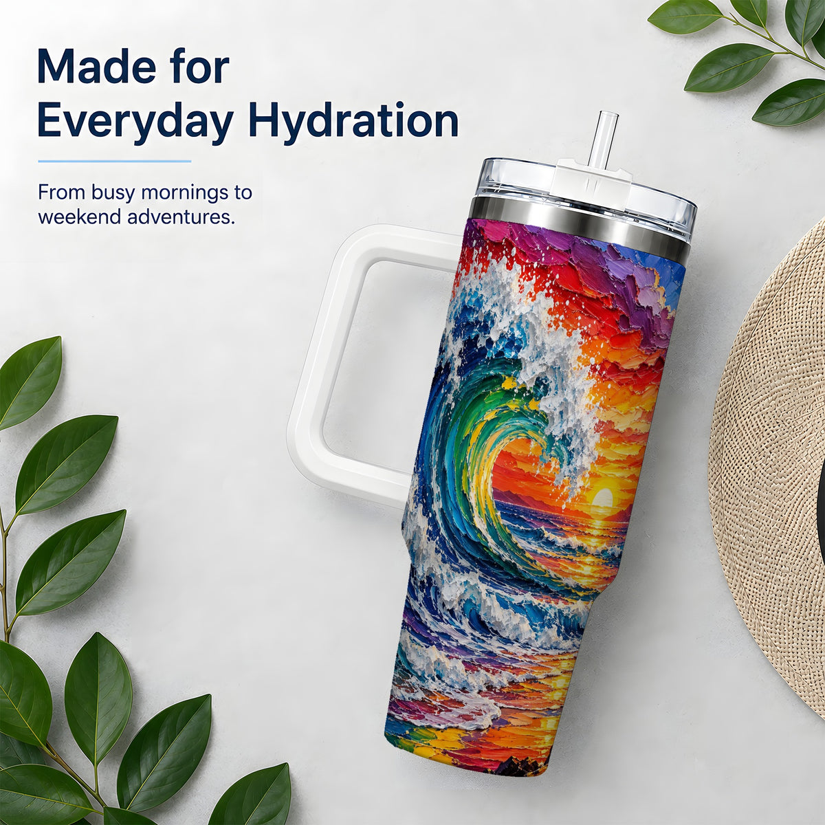 Ocean Wave Sunset 40oz Tumbler, Colorful Surf Horizon Coastal Art