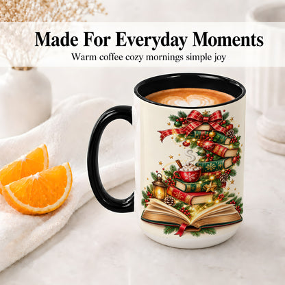 #pl[15oz|Black] Christmas Book Lover Ceramic Mug, Cozy Holiday Reading Artwork