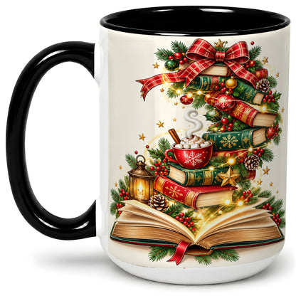 #pl[15oz|Black] Christmas Book Lover Ceramic Mug, Cozy Holiday Reading Artwork