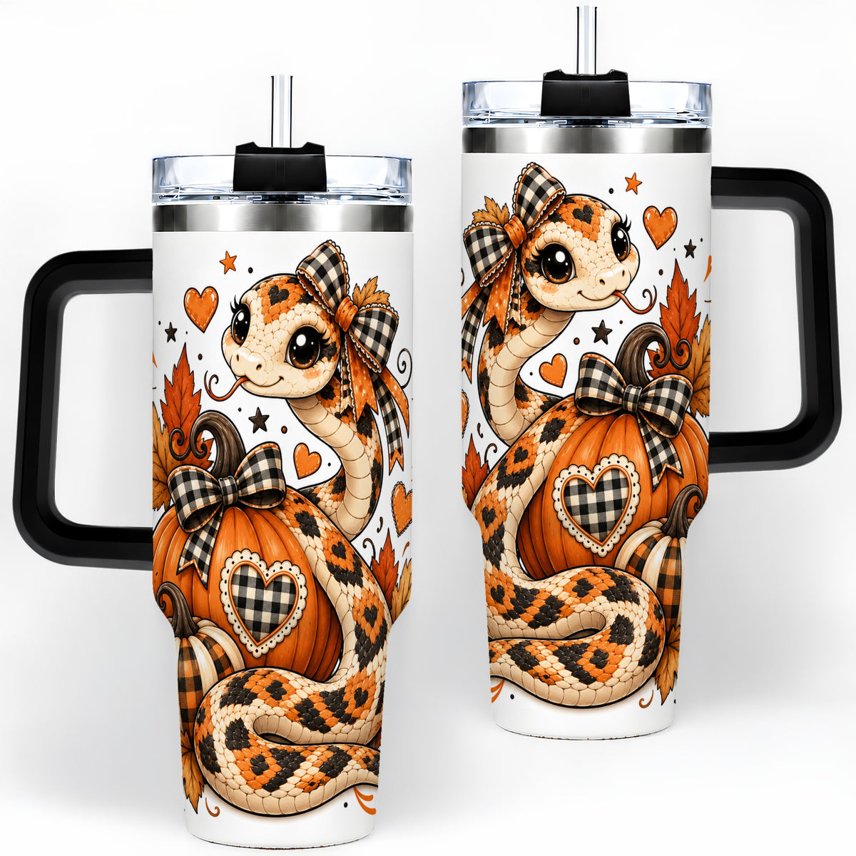 #pl[40oz|Black] Cute Fall Snake 40oz Tumbler, Maple Leaf Pumpkin Seasonal Artwork